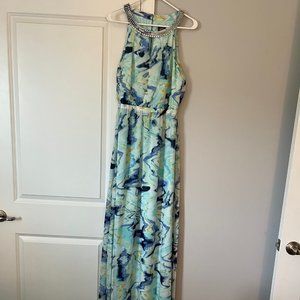 Vince Camuto Aqua Blue Navy Watercolor Halter Maxi Size 6